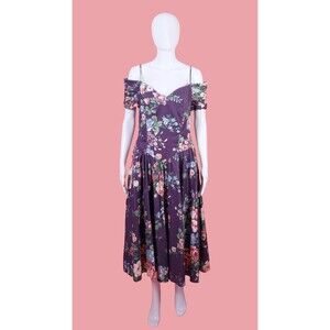 1980s KARIN STEVENS Floral Off Shoulder Smocked  Sweetheart Dress W/POCKETS. S-M